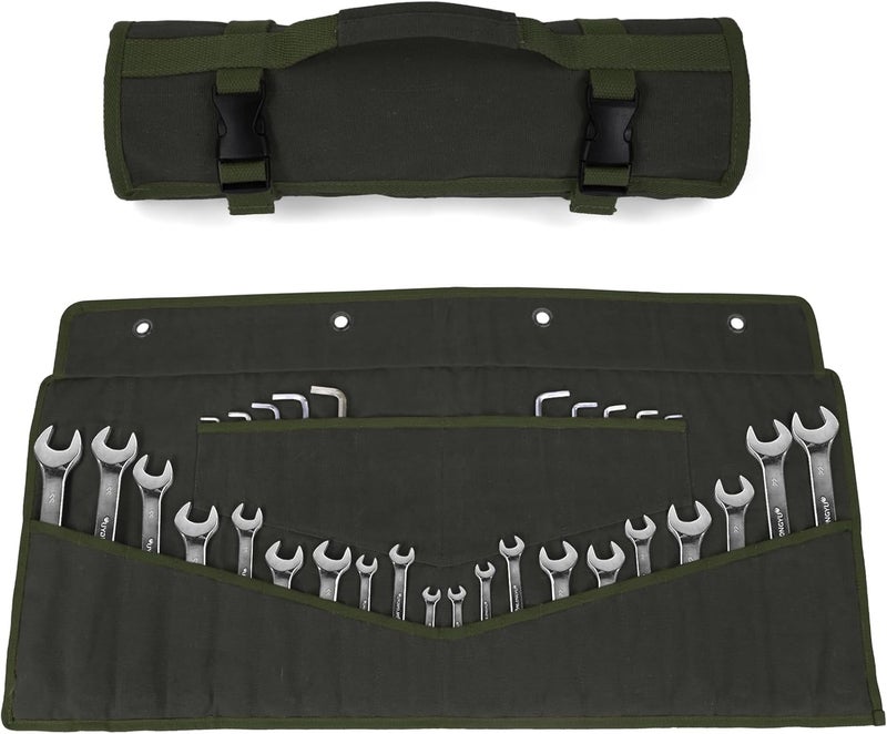 lelezone Heavy-Duty 32-Pocket Wrench Roll-Up Organizer - Made with 16 oz. Waxed Canvas, Fits Metric & SAE Wrenches, Perfect for Mechanics, DIYers, and Tool Storage (Army Green) - Image 1